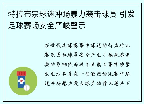 特拉布宗球迷冲场暴力袭击球员 引发足球赛场安全严峻警示 特拉布宗球迷冲场暴力袭击球员 引发足球赛场安全严峻警示