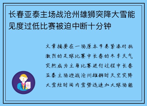 长春亚泰主场战沧州雄狮突降大雪能见度过低比赛被迫中断十分钟